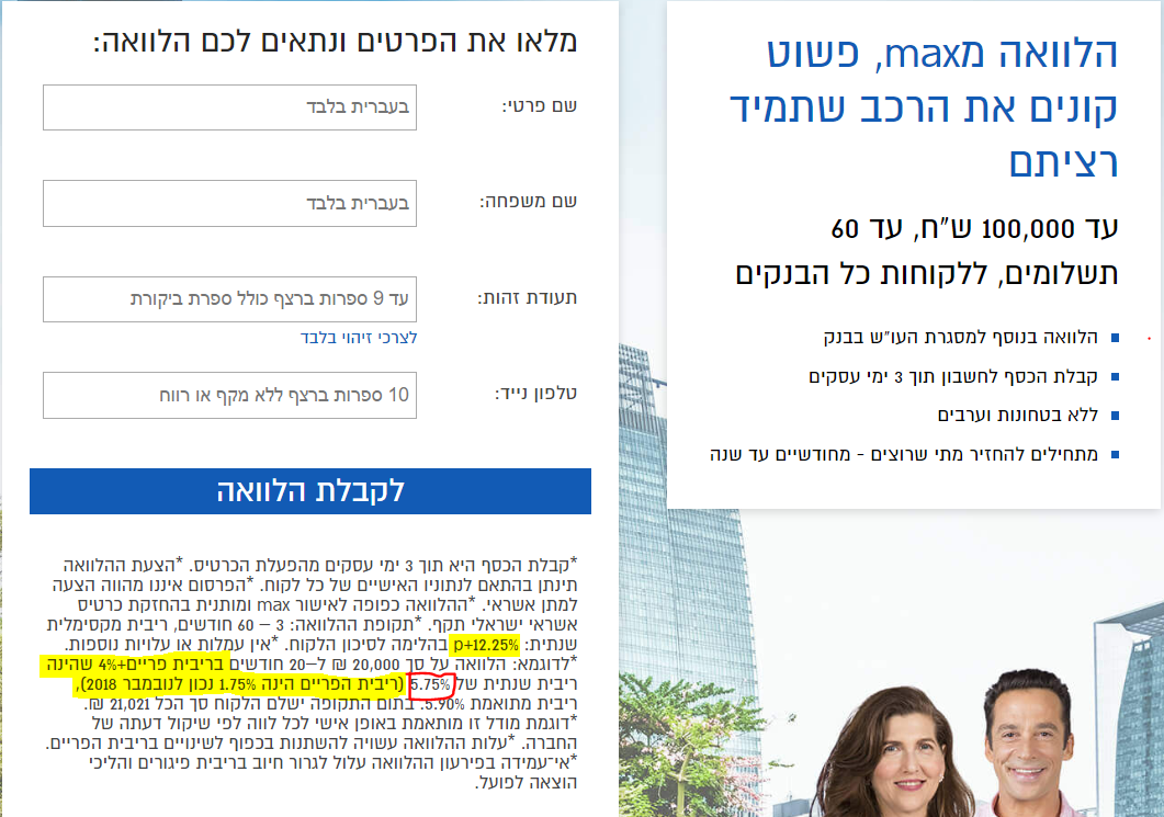 פרסומת להלוואה צמודת פריים לרכישת רכב - ריבית פריים + 4%